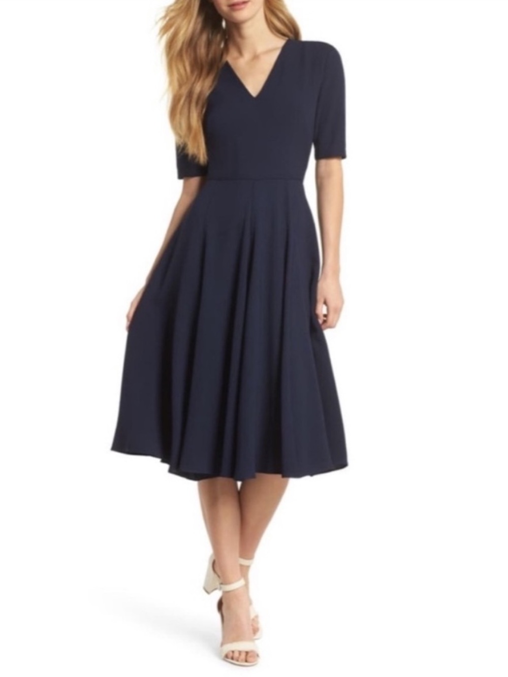 Gal Meets Glam Edith City Dress Size 14 Navy Blue Crepe Fit & Flare Short Sleeve